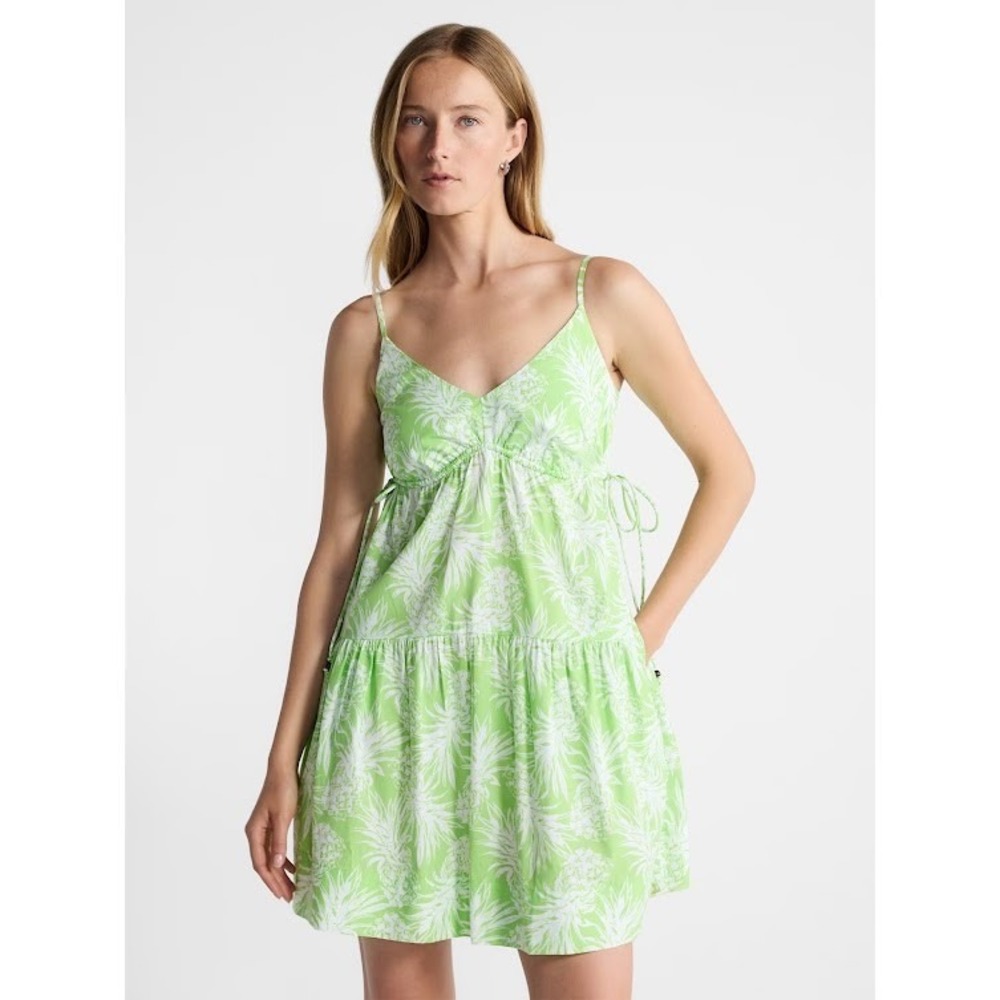 Green Pineapple Tiered Mini Dress V-Neck Smocked Back Side Ties Summer Small